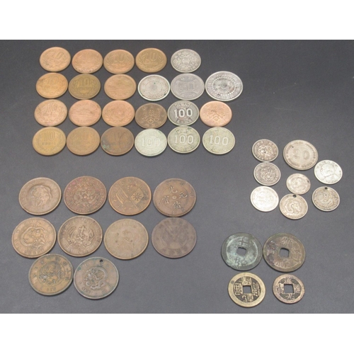 583 - Collection of C20th and earlier Japanese and Chinese coins to inc. Kiang Kan Province 72 Candareens,... 