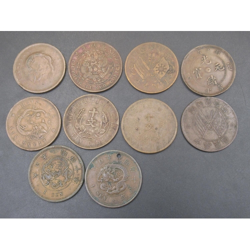 583 - Collection of C20th and earlier Japanese and Chinese coins to inc. Kiang Kan Province 72 Candareens,... 