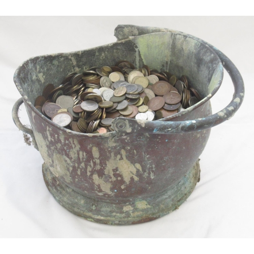 584 - Coal scuttle filled with GB and International coins