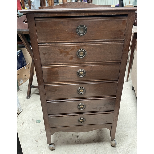 598 - Edwardian mahogany sheet music cabinet with six fall front drawers, W54cm D38cm H97cm