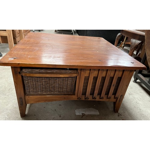 613 - Large pine square coffee table, with four basket drawers, W92cm D92cm H49cm