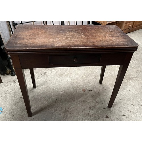 616 - Geo. 111 oak rectangular folding tea table, with frieze drawer on square supports, W92cm D88cm H76