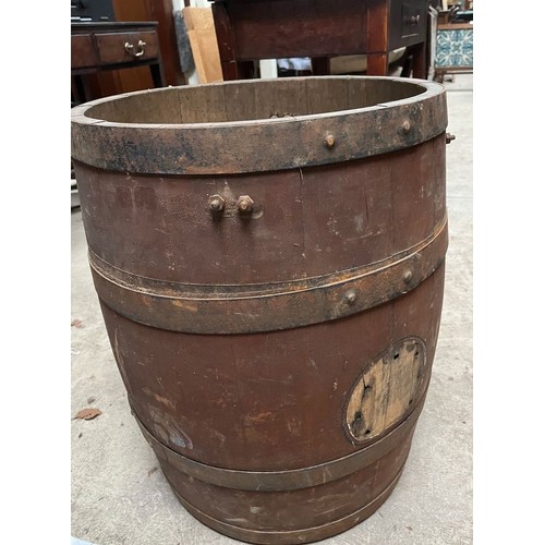 614 - Vintage coopered oak barrel churn, with four metal bands, D44cm H60cm