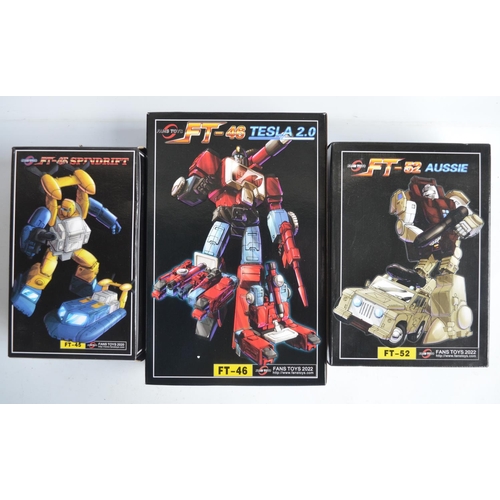 210 - Three Fans Toys Transformers to include FT-45 Spindrift, FT-46 Tesla 2.0 and FT-52 Aussie (figure he... 