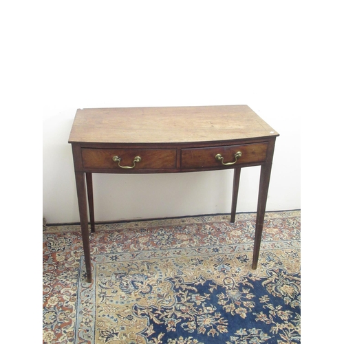 728 - Victorian mahogany bow front two-drawer side table, on square supports, W87cm D49cm H72cm