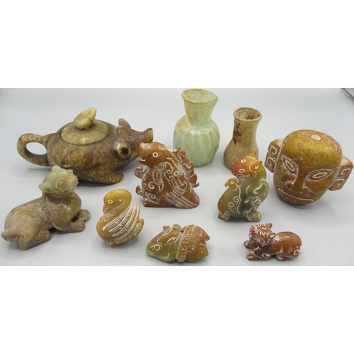 1048 - Carved Chinese jade animals and figures incl two Bixie carvings, two mythical creature carvings, Hon... 