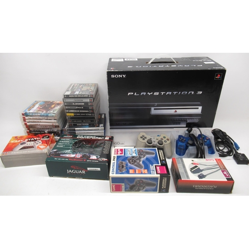 1050 - Boxed Playstation 3 games console with four controllers incl, Jaguar racing controller, ten PS3 game... 