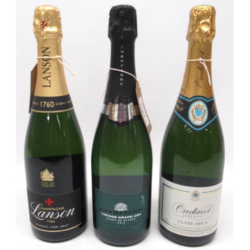 1069 - Three 75cl bottles of champagne, Oudinot, Lanson and Vintage Grand Cru