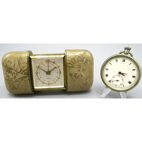 1070 - 1950's Europa purse design brass 8 day travel bedside alarm clock, signed silvered dial, applied Ara... 