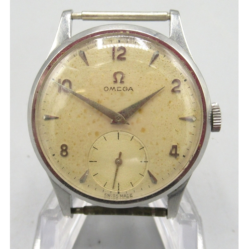 500 - Omega stainless steel wristwatch, signed silvered dial, Arabic and baton indices, subsidiary seconds... 