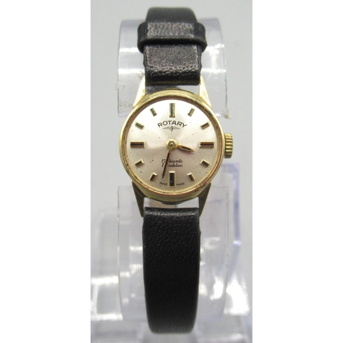 501 - Ladies rotary 9ct gold wristwatch, signed silvered sunburst dial, applied baton indices, SD snap on ... 