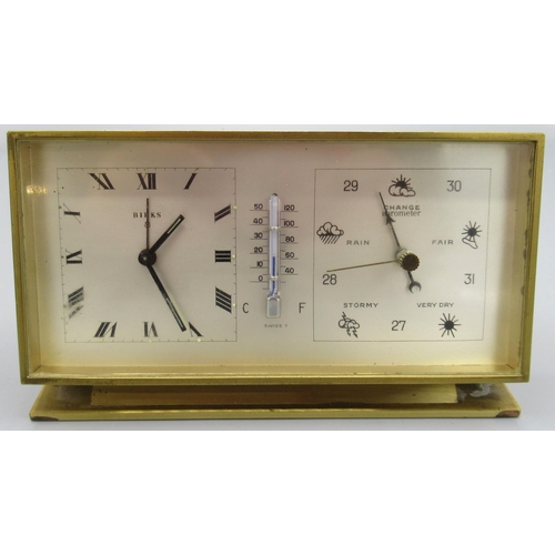 523 - Birks brass combination 8 day desk clock with alarm, aneroid barometer and thermometer, signed silve... 