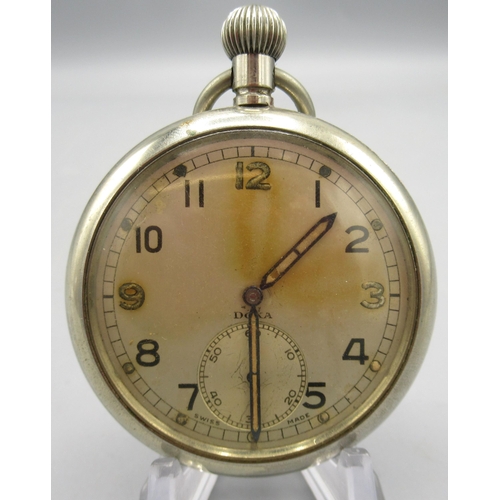 536 - Doxa British Military Issue G.S.T.P. chrome keyless pocket watch, signed silvered Arabic dial, signe... 