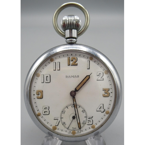 537 - Damas British Military Issue G.S.T.P. chrome keyless pocket watch, signed white Arabic dial, subsidi... 