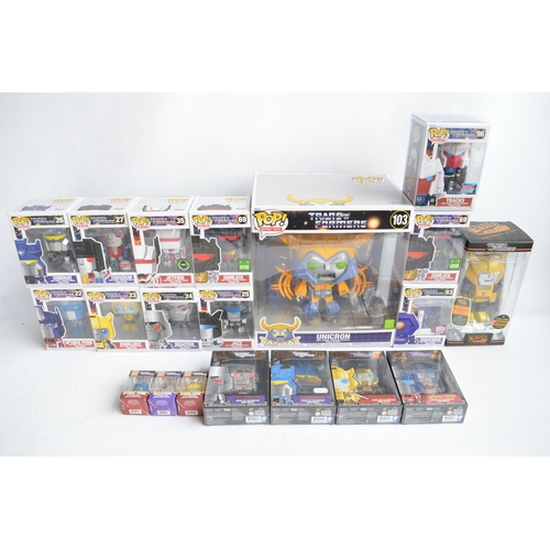 244 - Collection of Transformers themed Funko Pops models to include 4x enamel pin badges, 3 Pocket Pops k... 