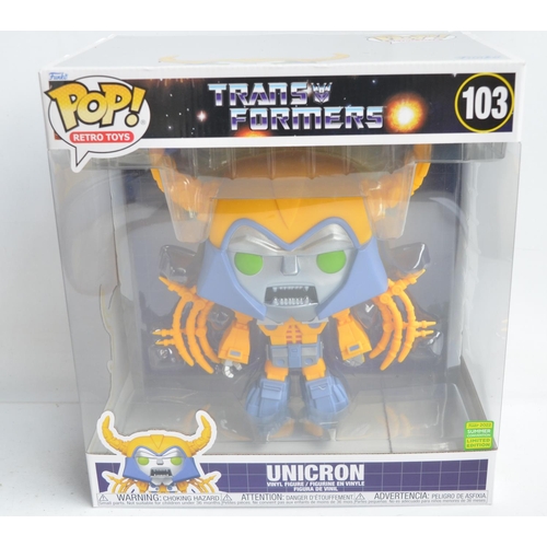 244 - Collection of Transformers themed Funko Pops models to include 4x enamel pin badges, 3 Pocket Pops k... 