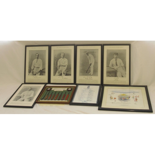 833 - Assorted collection of framed Cricket prints/pictures to inc. a framed montage of 50 cricket cigaret... 