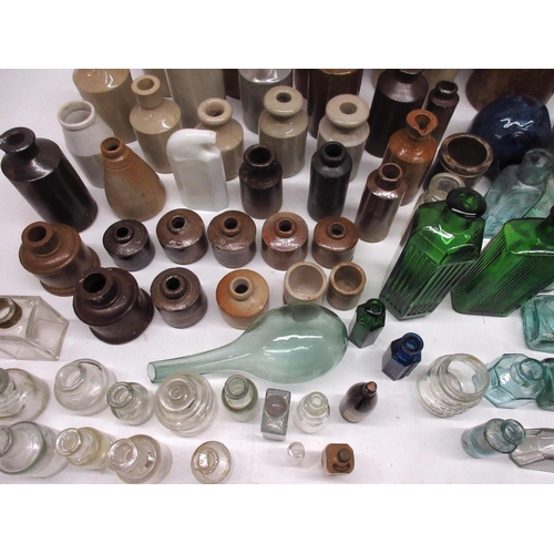 1068 - Large collection of various stoneware and glass bottles incl. poison bottles, Bovril bottles, codd-n... 