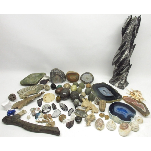 1074 - Large Orthoceras fossil tower, H48cm, various crystals, fossils, minerals, etc. (qty)