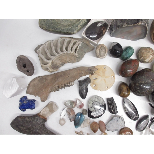 1074 - Large Orthoceras fossil tower, H48cm, various crystals, fossils, minerals, etc. (qty)