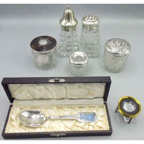 1081 - Glass and silver dressing table items incl, desk tidy with silver cherub repousse lid by William Nea... 