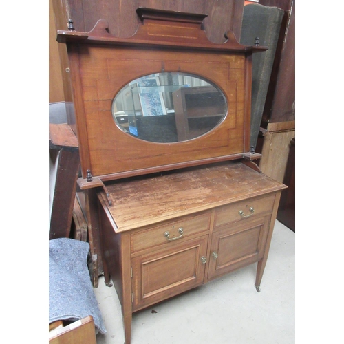 622 - Edwardian inlaid mahogany washstand with galleried top, W94cm D49cm H80cm and a similar overmantel w... 