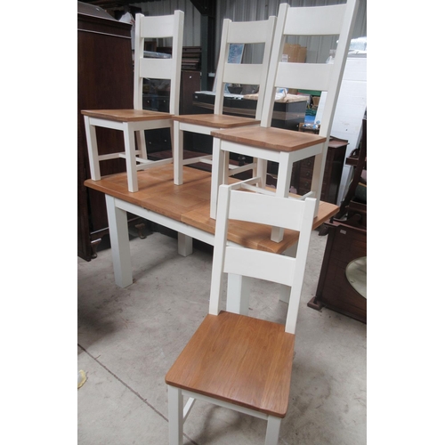 725 - Cream finish and oak extending dining table with leaf and a set of four ladder back chairs, W153cm D... 