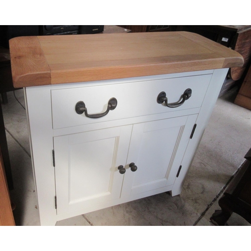 727 - Cream finish and oak side cabinet, single drawer above two doors, W80cm D33cm H81cm