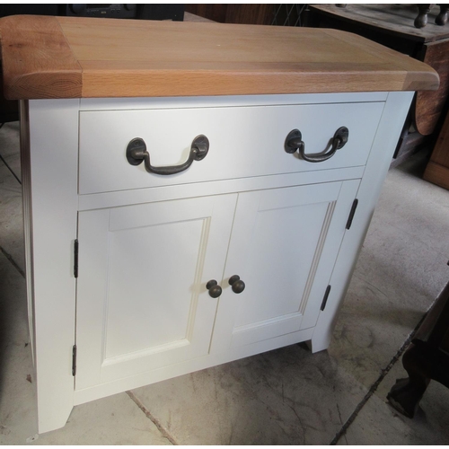 727 - Cream finish and oak side cabinet, single drawer above two doors, W80cm D33cm H81cm