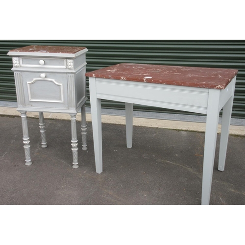 741 - Vintage grey painted bedside cabinet and a similar side table, both with rouge marble tops, W74cm D6... 