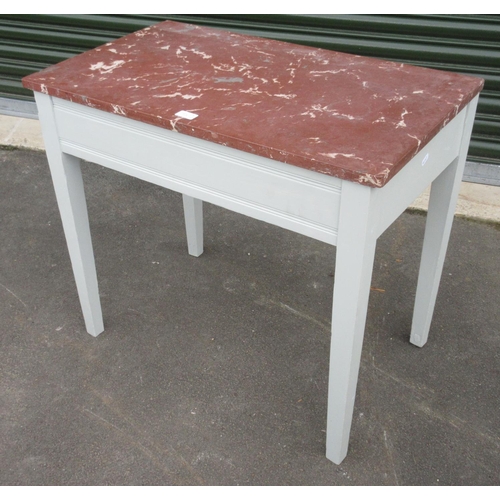 741 - Vintage grey painted bedside cabinet and a similar side table, both with rouge marble tops, W74cm D6... 