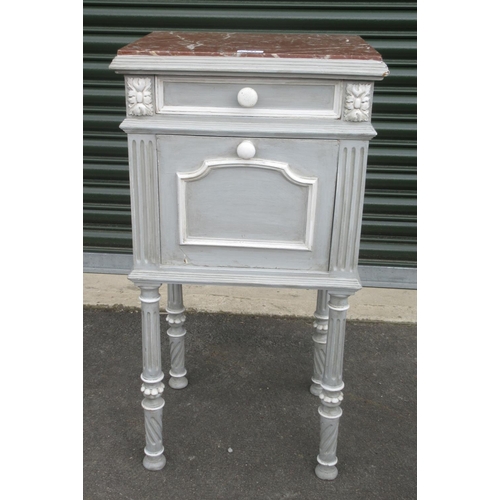 741 - Vintage grey painted bedside cabinet and a similar side table, both with rouge marble tops, W74cm D6... 