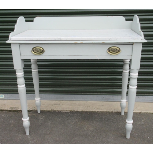 742 - Edwardian later grey painted washstand, with galleried back and white marble insert above a single d... 