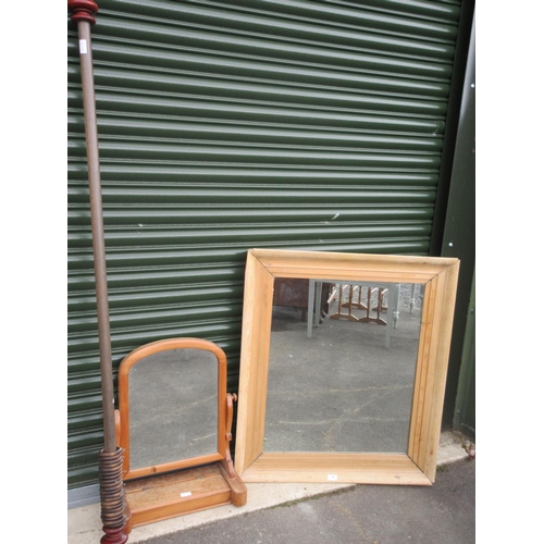 745 - Stripped pine framed rectangular wall mirror, W83cm H96cm, Victorian toilet mirror and a wooden curt... 