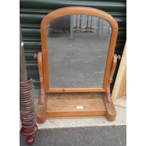 745 - Stripped pine framed rectangular wall mirror, W83cm H96cm, Victorian toilet mirror and a wooden curt... 