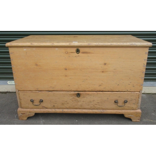 746 - 20th century stripped pine mule chest, hinged top and long drawer on bracket feet, W110cm D60cm H67c... 