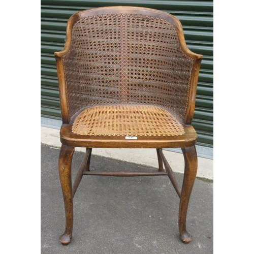 747 - 20th century canework arm chair, curved back on cabriole legs and pad feet, W50cm D43cm H32cm