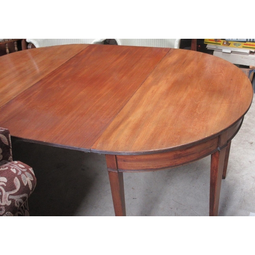 756 - 19th century mahogany oval dining table, two D shaped ends with central leaf, on square supports