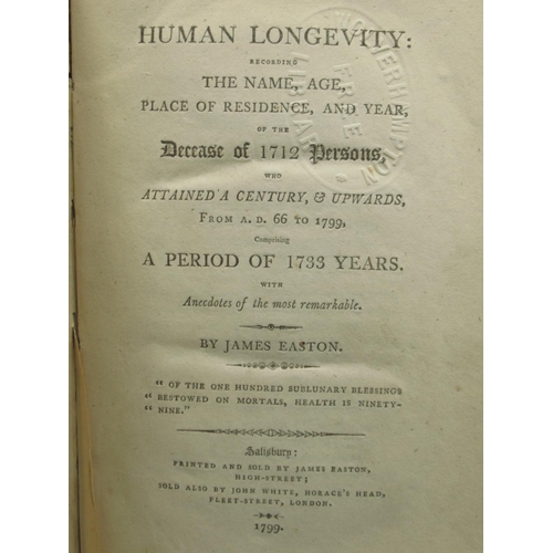 702 - Easton (James) Huma Longevity; recording the name age place of residence and year of the Decease of ... 