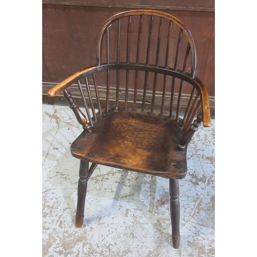 631 - 19th century ash and elm stick back Windsor chair, on turned supports with stretchers