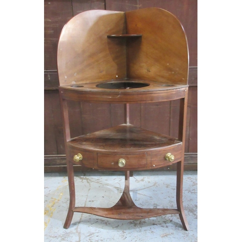 633 - 19th century mahogany three tier bow front corner washstand, on square supports, W65cm H120cm