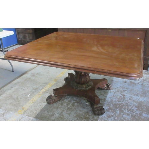 639 - William 1V mahogany breakfast table, square tilt top on lotus carved column with shaped square base ... 