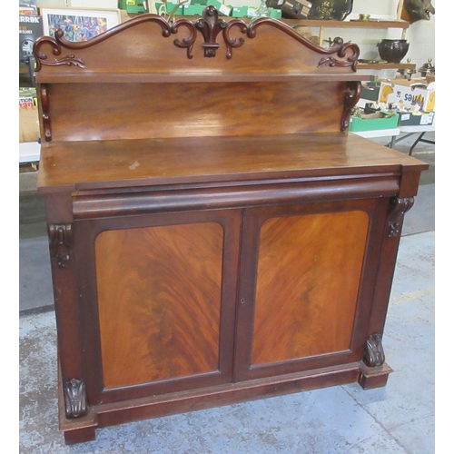 640 - Victorian mahogany Chiffonier, single shelved back with scroll cresting, above two panel doors on sk... 