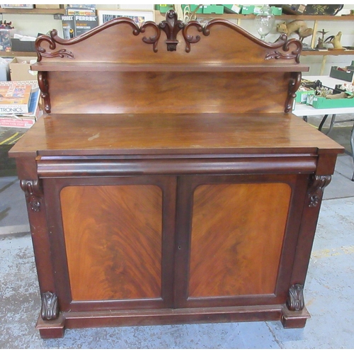 640 - Victorian mahogany Chiffonier, single shelved back with scroll cresting, above two panel doors on sk... 