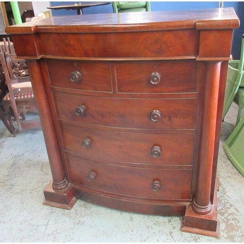 642 - Victorian mahogany bow break front chest, with frieze drawer above two short and three long drawers,... 