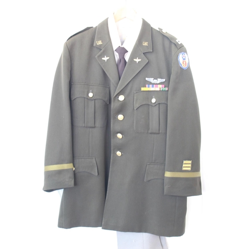 1372 - U.S. Army officers Uniform, Cap, jacket, Trousers, Shirt, and tie. With insignia, Medal ribbons, Bra... 