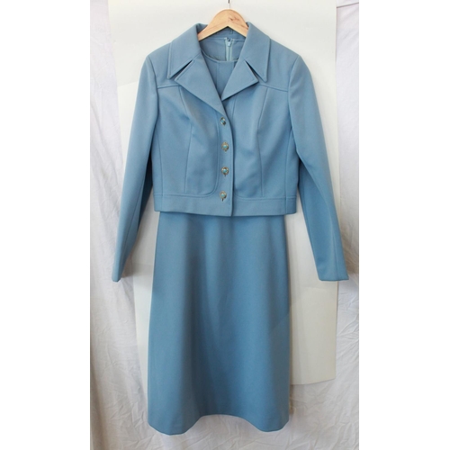 1365 - Ladies vintage two piece polyester suit. Single breasted jacket and dress. Size Medium.