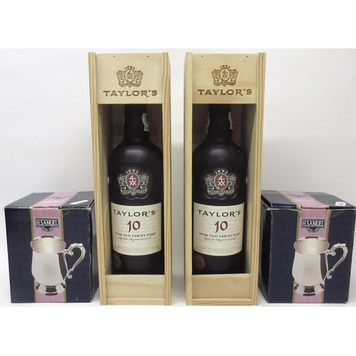 1046 - Two bottles of Taylors 10 year old Tawny port in wooden presentation case, and two H. Samuel silver ... 