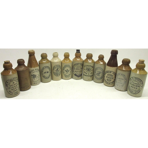 227 - Collection of twelve stoneware ginger beer bottles from Leeds, Manchester, Hull, Lincolnshire, Retfo... 