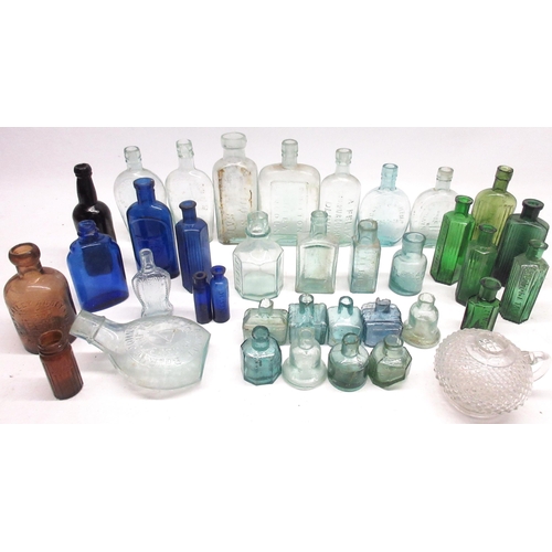 229 - Collection of glass bottles incl, green, blue and amber ribbed poison bottles, dimpled 'hedgehog' be... 